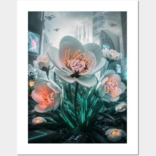 White Cyberpunk Flowers Wall Art by Ravenglow